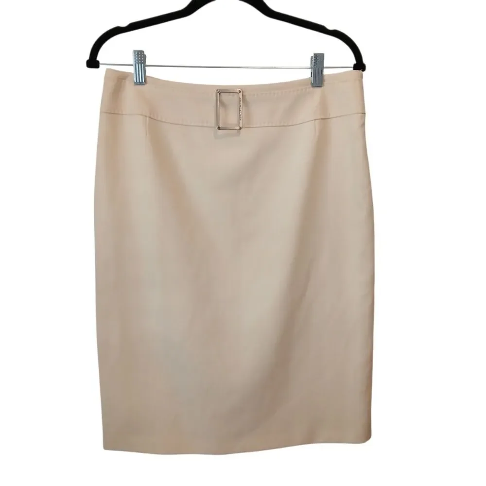 Adrienne Vittadin Skirt Ivory Cream White Size 8 Virgin Wool Silver Logo Buckle